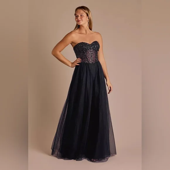 JULES & CLEO | Floral Encrusted Bodice Strapless Ball Gown in Navy sz 4 - Picture 13 of 15